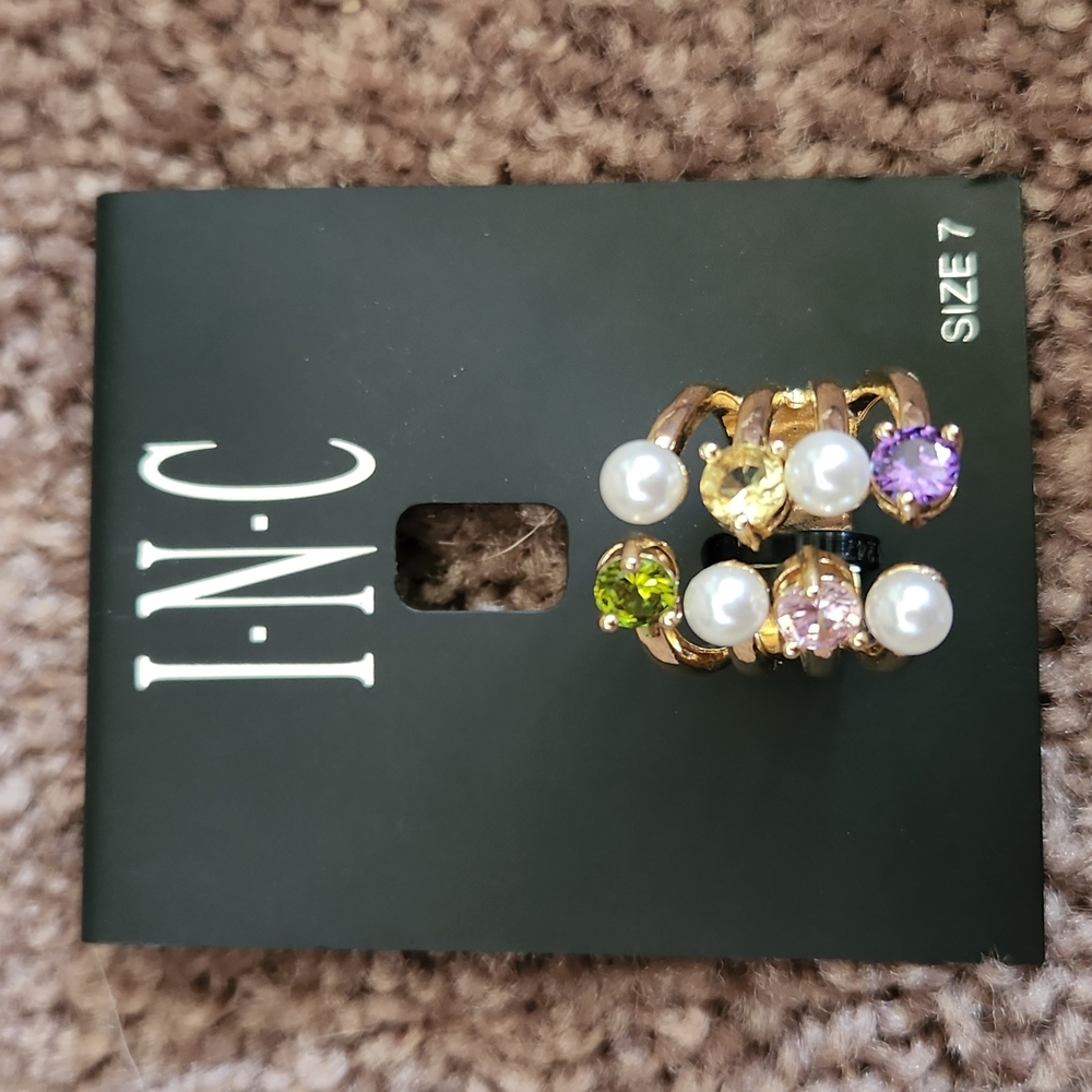 INC Gold-Tone Multicolor Crystal & Imitation Pearl Open Ring Size 7